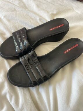 Prada Black Patent Slide Mules